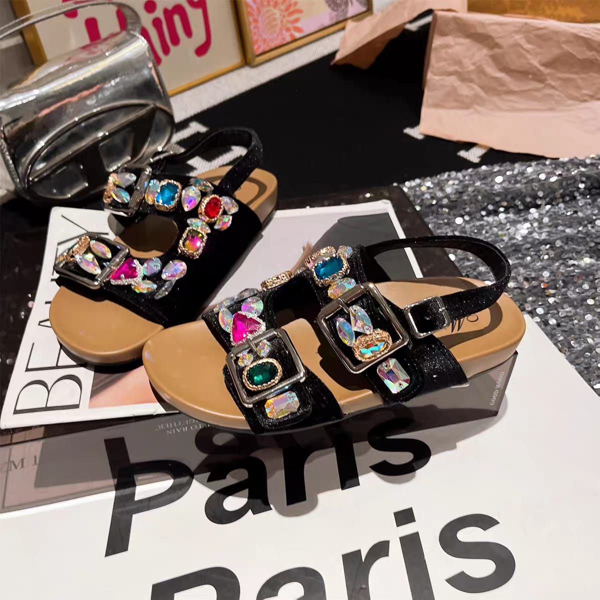 Luxury Crystal Embellished Flat Sandals for Women