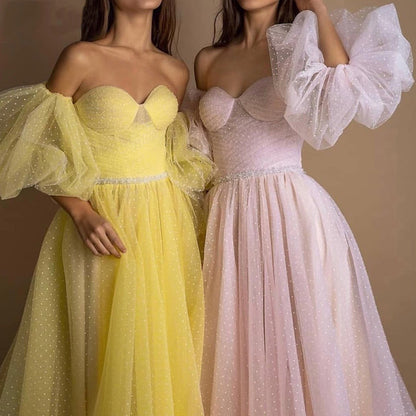 Evening Gown Tube Top Retro Lantern Sleeve Light Yarn SAM72