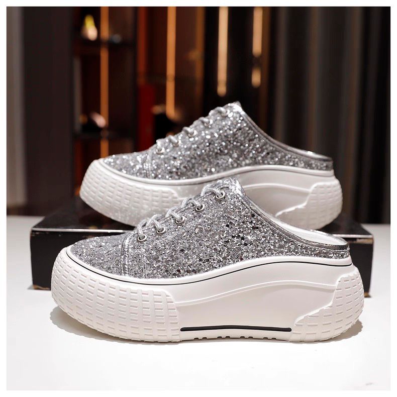 Women's White Platform Mule Sneakers – Chunky Slip-On Canvas Shoes | back open