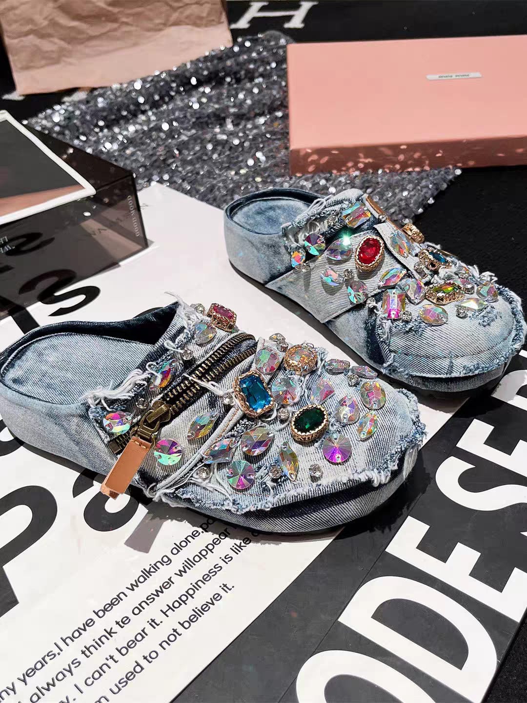 Crystal Embellished Denim Mule Sneakers for Women | Luxury Street Style Shoes