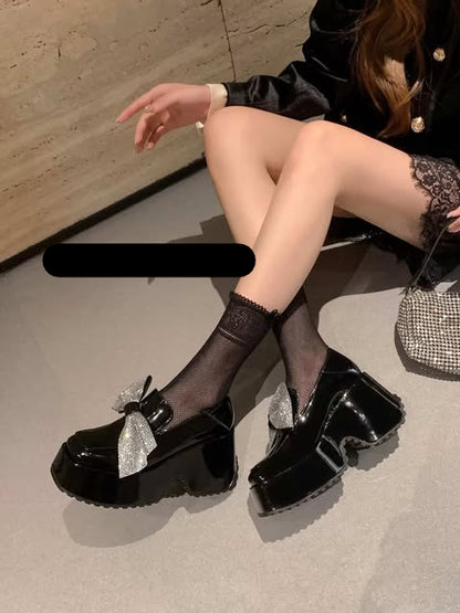Women’s Black Patent Platform Heels with Statement sequined Bow | Chunky Party Footwear SAM1014