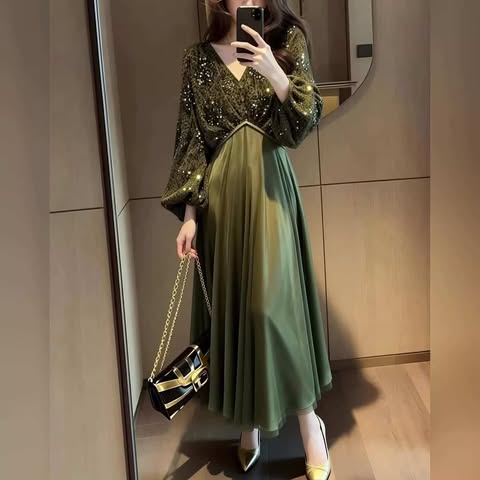 Elegant Olive Green Sequin V-Neck Midi Dress for Women SAM1013