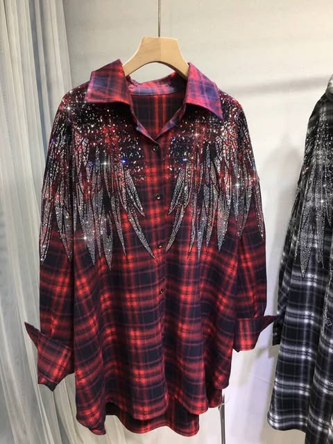 Red black Plaid Checkered Shirt with Crystal Wing Embellishment  SAM1016