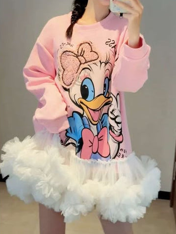 Cute Cartoon Print Oversized Sweatshirt Dress for Women – Pink Winter Sweatshirt sam1018