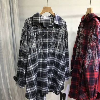 Red black Plaid Checkered Shirt with Crystal Wing Embellishment  SAM1016