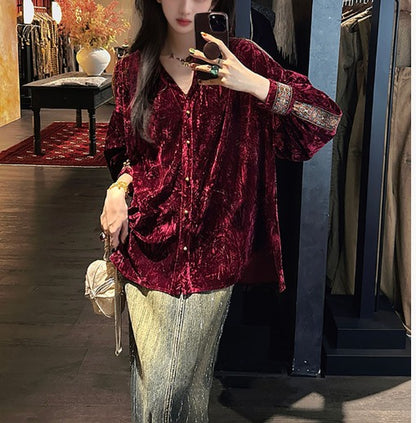 Mexican Style Wrinkled Bronzing Ethnic Style Velvet Shirt  Long-Sleeved Top for Women SAM709