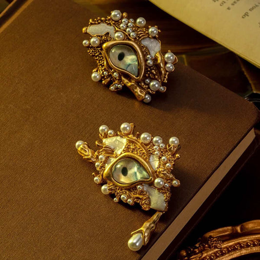Gold Eye Statement Earrings with Pearl samjewel