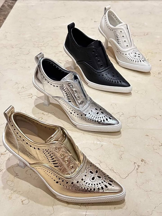 Luxury Perforated Heeled Oxford Shoes for Women | Elegant Metallic & Classic Shades sam1205