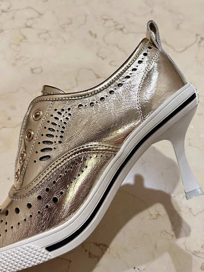 Luxury Perforated Heeled Oxford Shoes for Women | Elegant Metallic & Classic Shades sam1205