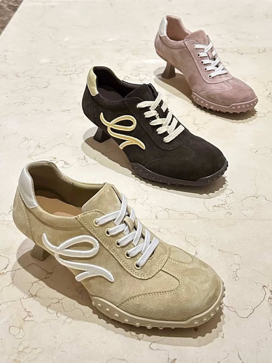 Luxury Suede Lace-Up Heeled Sneakers for Women | Comfort Statement Shoes sam1206