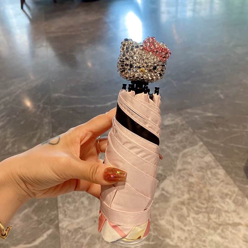 Cute Designer Foldable Umbrella – Hello Kitty & Rhinestone Diamond Handle Styles