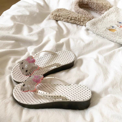 Rhinestone Kitty Flip Flops for Women – Cute Polka Dot Summer Slippers