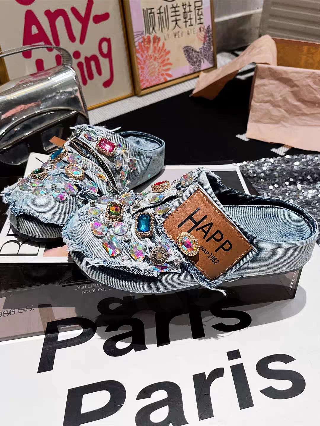 Crystal Embellished Denim Mule Sneakers for Women | Luxury Street Style Shoes