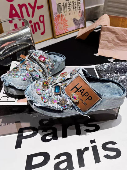Crystal Embellished Denim Mule Sneakers for Women | Luxury Street Style Shoes