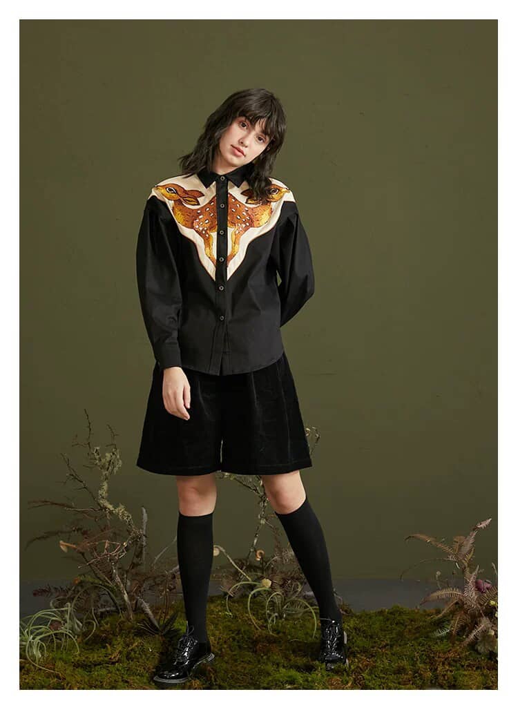 Deer Print Statement Shirt Embroidered