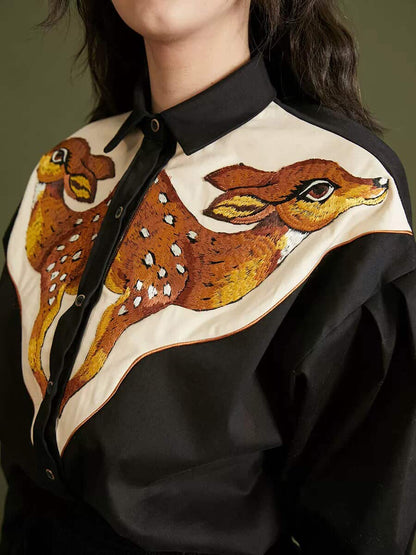 Deer Print Statement Shirt Embroidered