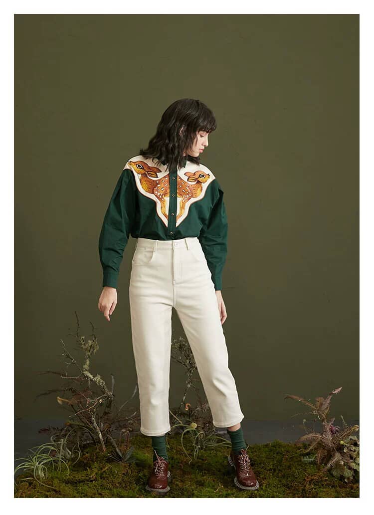 Deer Print Statement Shirt Embroidered