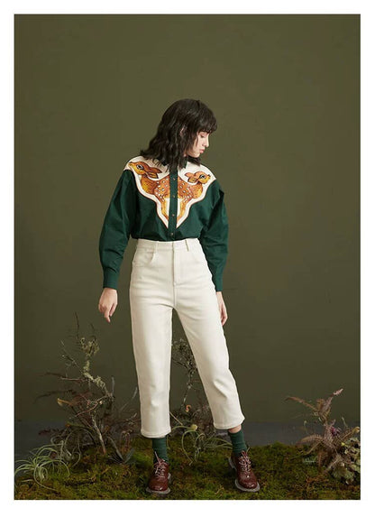 Deer Print Statement Shirt Embroidered