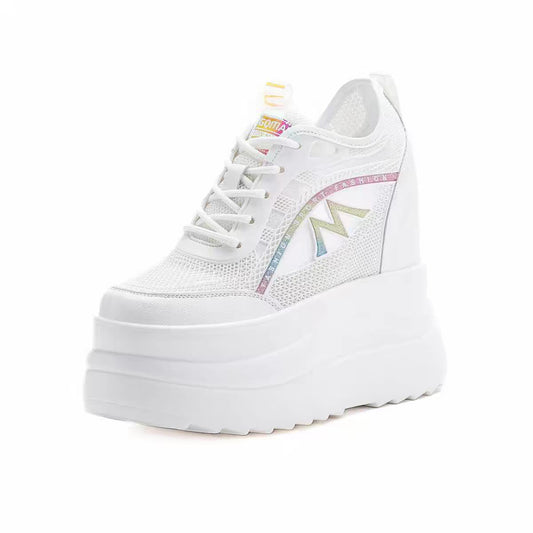 13 CM Height Increasing Platform Sneakers for Women – White Wedge Heel Shoes