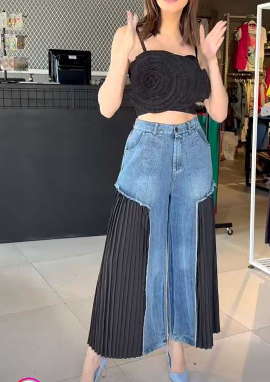 SFH Retro style pleated niche design stitching washed denim casual pants summer new loose slim nine-point pants skirt