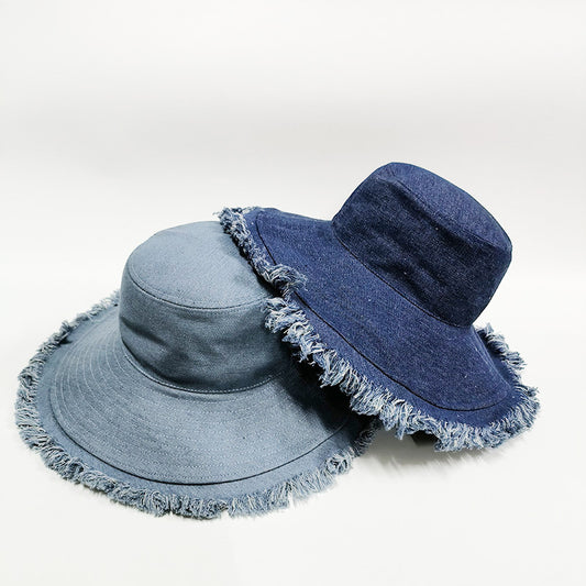 Women's Spring And Summer Retro Big Brim Solid Color Denim Hat SAM70