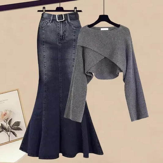 Autumn Elegant Women's All-matching Long Sleeve Top Fishtail Skirt Two-piece Suit SAM73