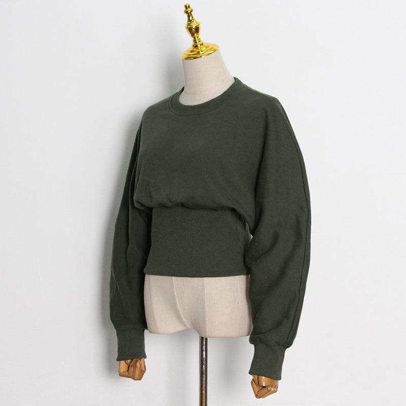 Dark Green Round Neck Pullover Commuter Waist Trimming Short Sweater SAM71