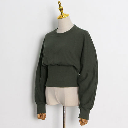 Dark Green Round Neck Pullover Commuter Waist Trimming Short Sweater SAM71