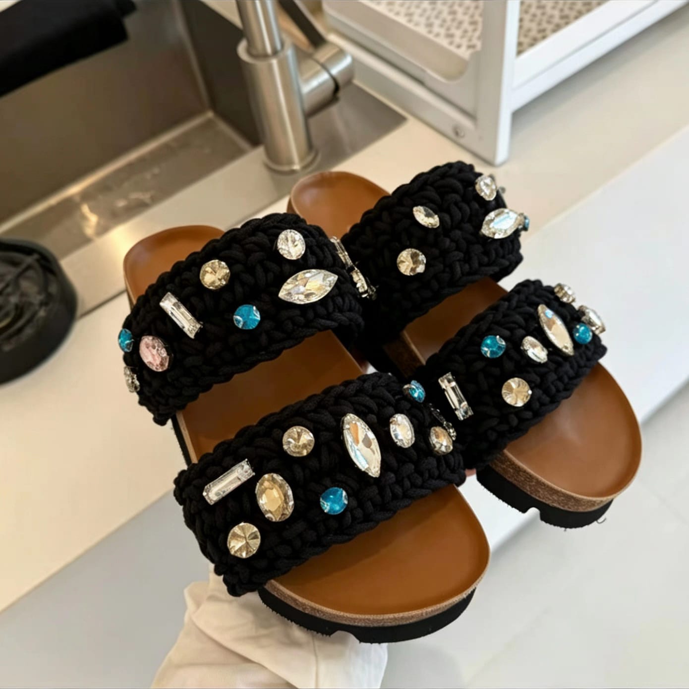 Luxe Handwoven Crystal Embellished Double Strap Slides – Beige