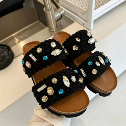 Luxe Handwoven Crystal Embellished Double Strap Slides – Beige