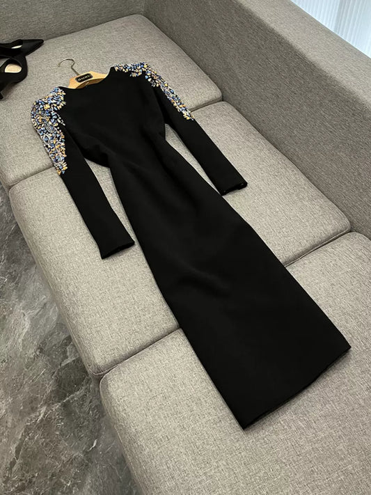 SFH  Star Fashion Heavy Beading Diamond Long Sleeve Midi Dress longdress partywear SAM30