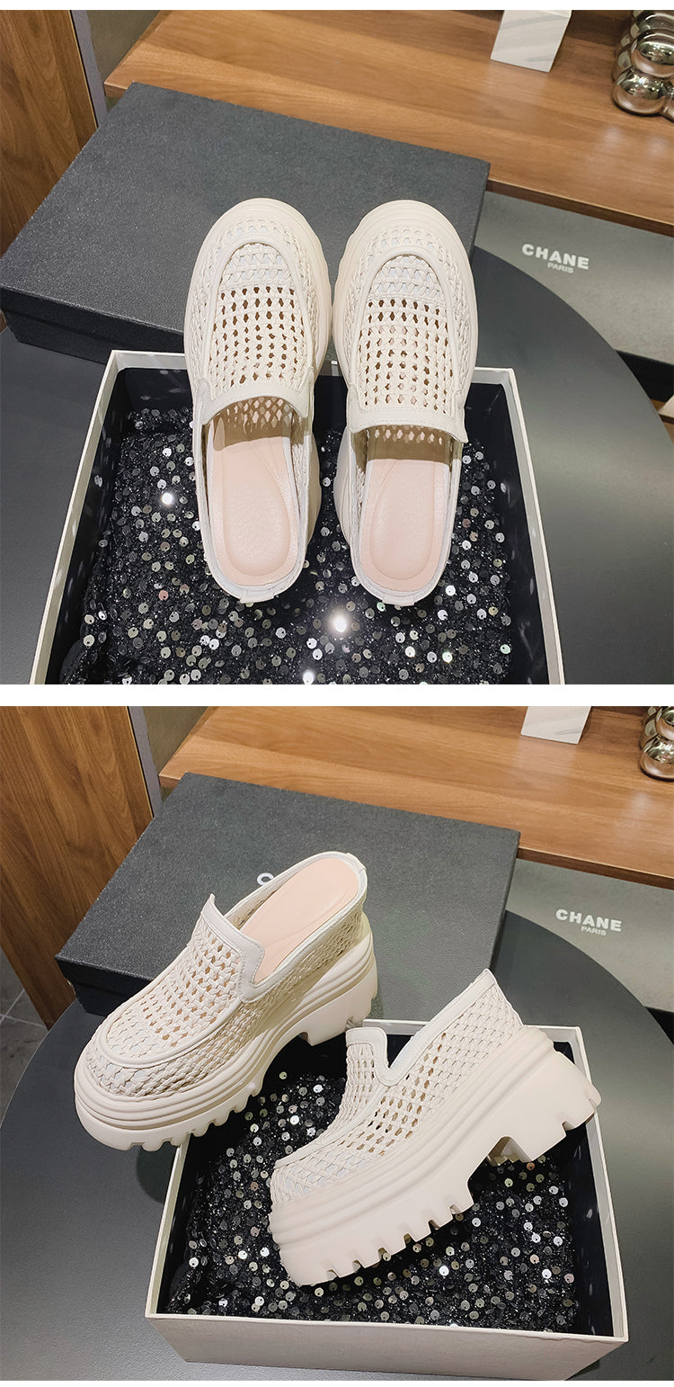 14CMS heel height back open Women's Woven Platform Mules | Chunky Sole Slip-On Shoes SAM340