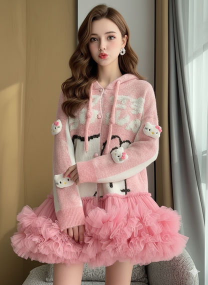 Cute Cartoon Hooded Sweater Dress for Women – Pink Knitted Winter Dress with Ruffle Hem SAM1019