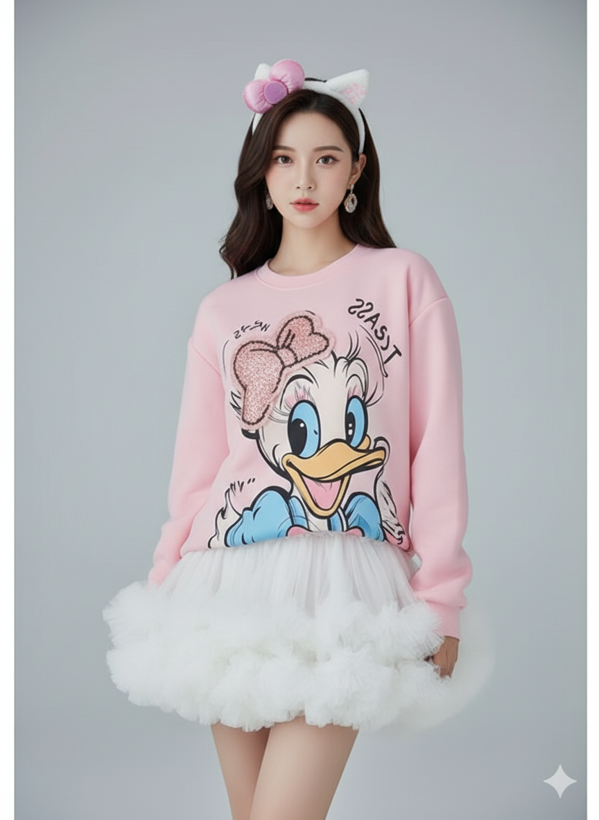 Cute Cartoon Print Oversized Sweatshirt Dress for Women – Pink Winter Sweatshirt sam1018