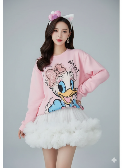 Cute Cartoon Print Oversized Sweatshirt Dress for Women – Pink Winter Sweatshirt sam1018
