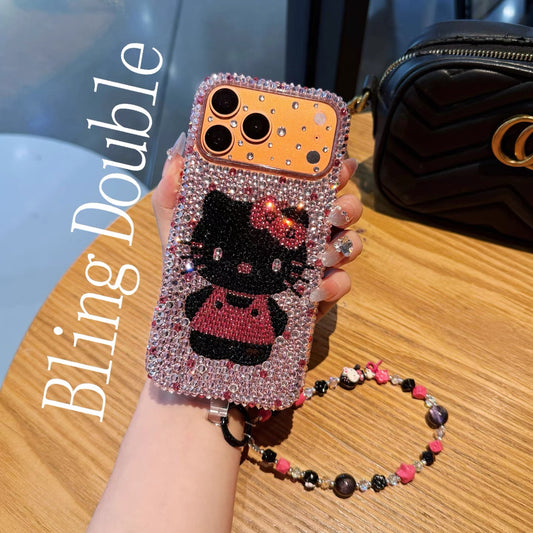 Pink crystal rhinestone cartoon phone case with beaded wrist strap
