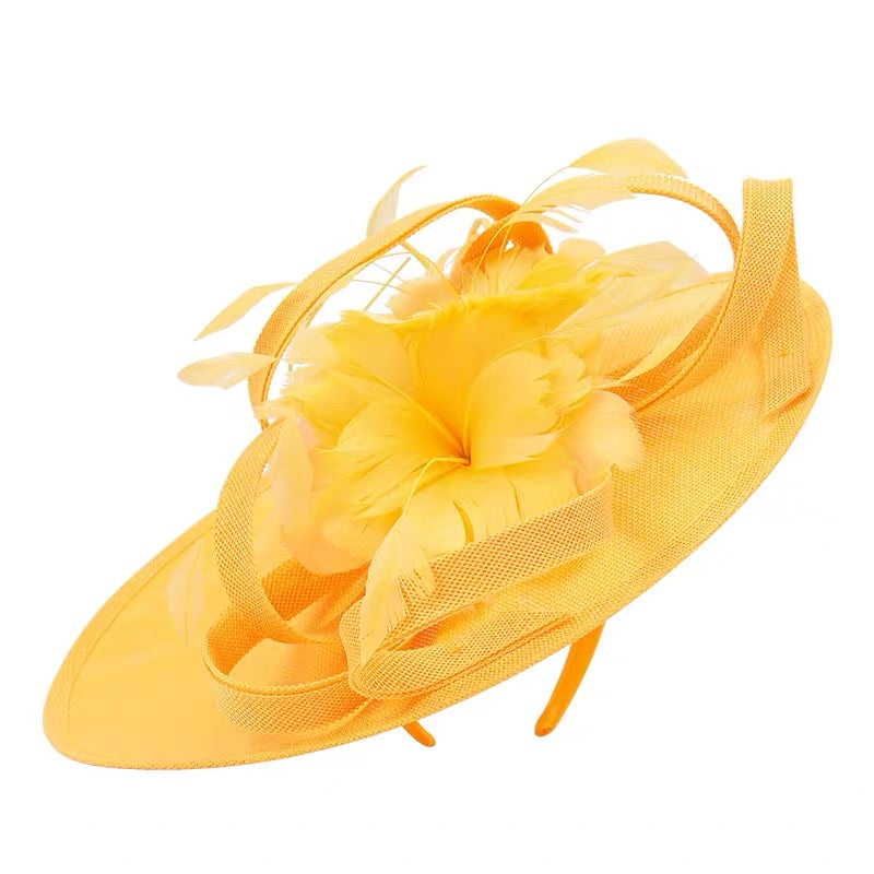 Yellow feather fascinator hat product photo