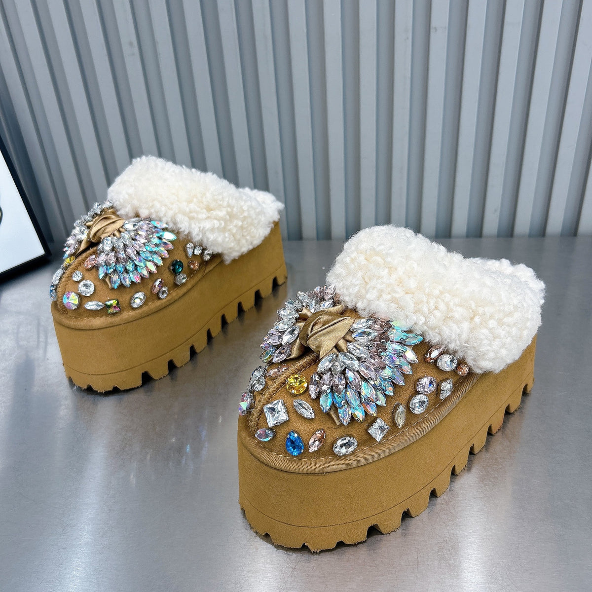 Camel brown rhinestone faux fur platform mules for women