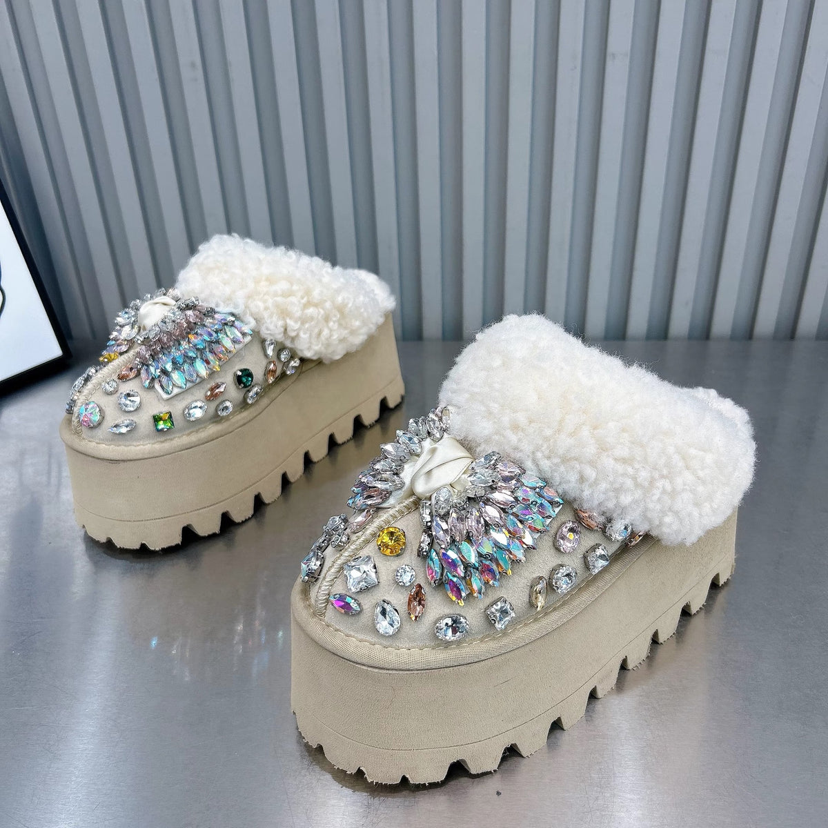 Cream crystal embellished faux fur platform mule shoes for women, pair