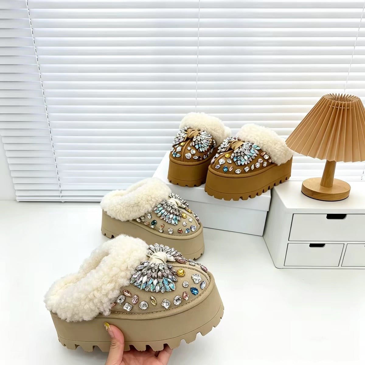 Beige crystal embellished faux fur lined chunky platform mules for women, side view