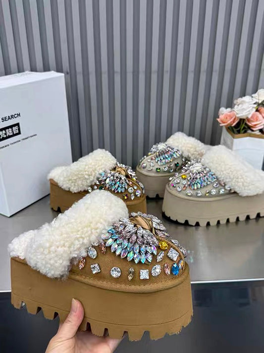 Crystal rhinestone faux fur lined 7 cm height increasing backless platform mules for women, camel brown