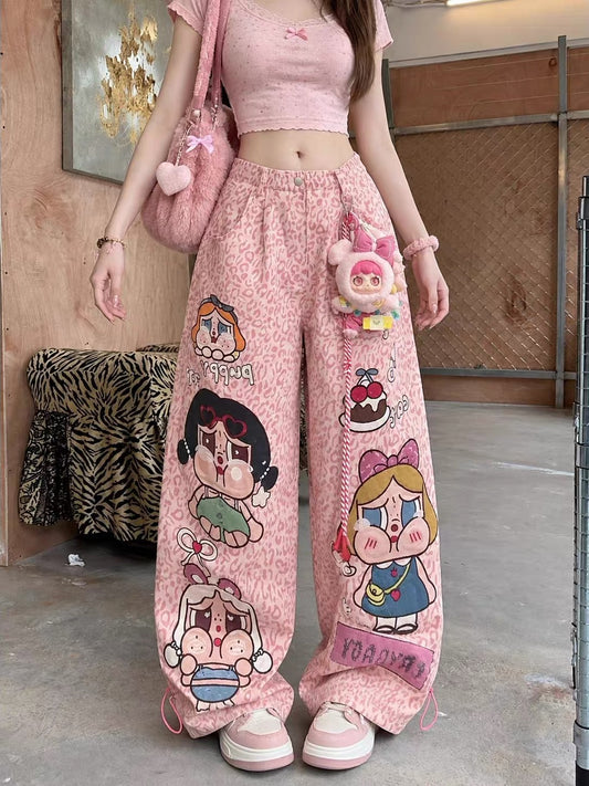Pink leopard-print wide-leg jeans for women with large cartoon character graphics and drawstring hems