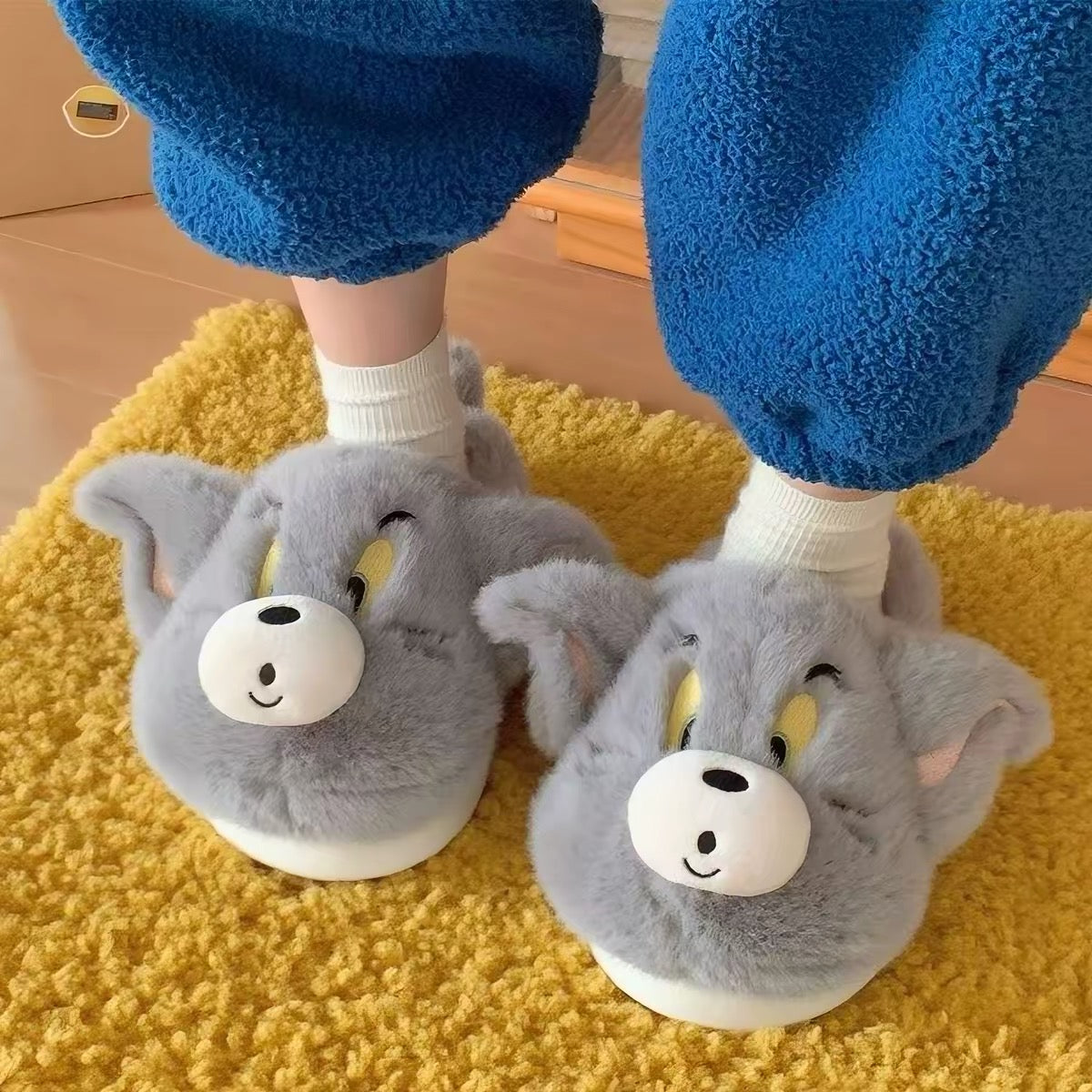 Grey Tom plush warm indoor slippers close-up