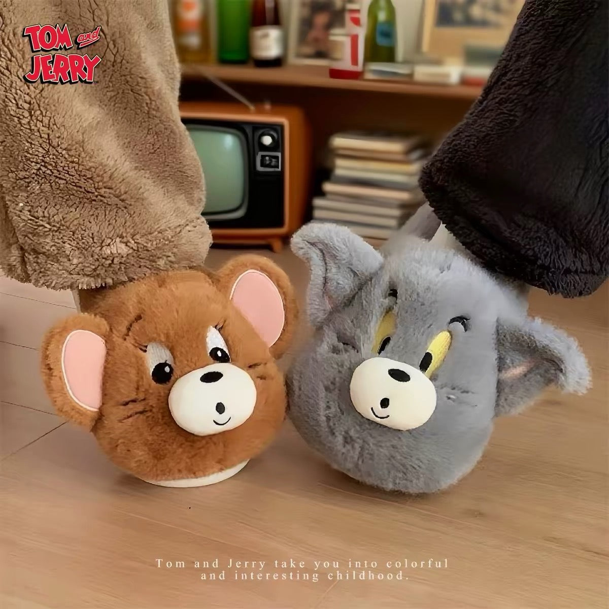 Tom and Jerry plush character slippers in brown Jerry and grey Tom designs