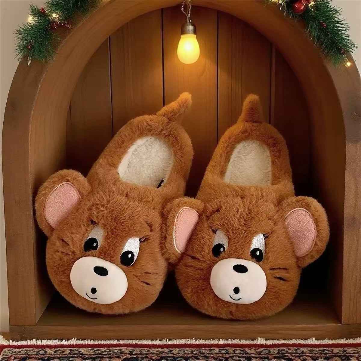 Brown Jerry plush house slippers shown from the back