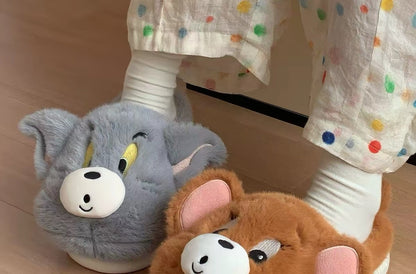 Grey Tom and brown Jerry plush character slippers together
