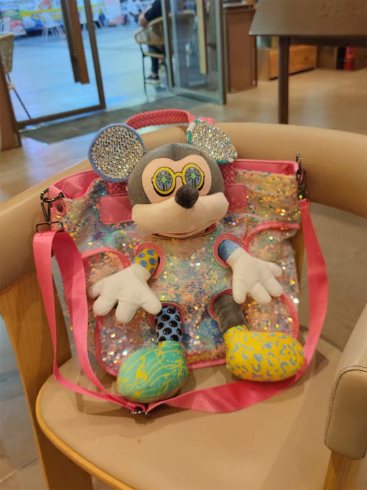 Pink iridescent sequin character plush tote bag with pink straps