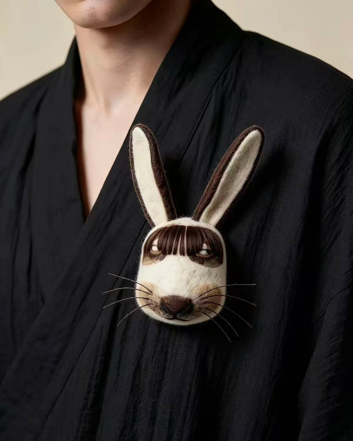 Handmade felt rabbit face brooch with long ears and brown fringe
