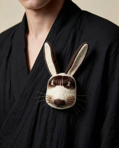 Handmade felt rabbit face brooch with long ears and brown fringe