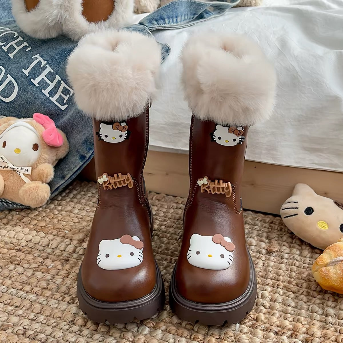 Pair of brown children's Hello Kitty winter boots with cream faux-fur cuffs and character decorations, front view